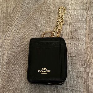 Coach Black Leather ID Wristlet with Gold Chain